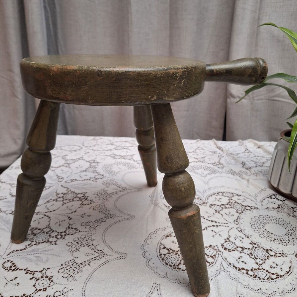 Vintage Milking Stool with Handle Hardwood 3-Legged Painted Farmhouse Cottage